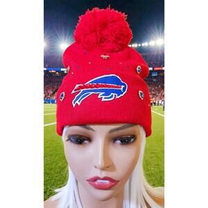 Buffalo Bills Red Beanie pompom design with logo and rhinestones,
